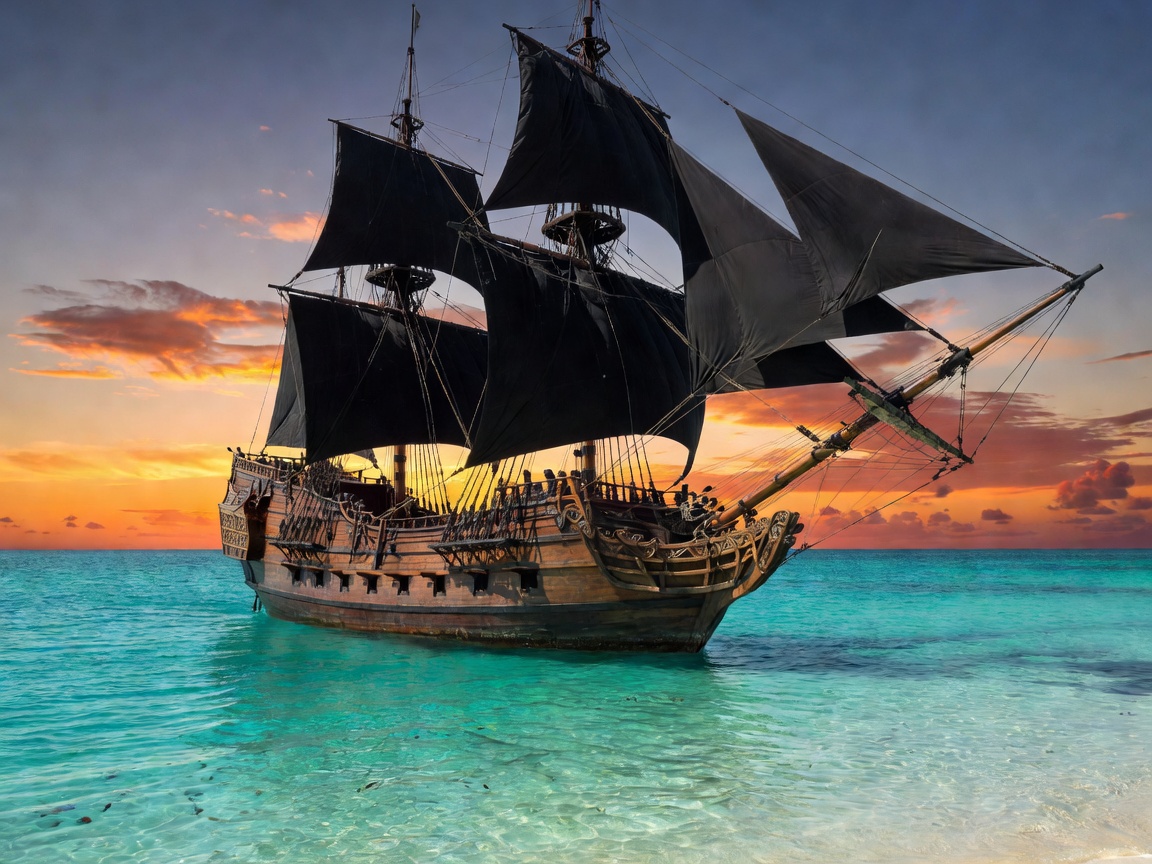 A majestic wooden pirate ship with billowing black sails cruising through crystal clear Caribbean waters at sunset, featuring detailed rigging and wooden hull.