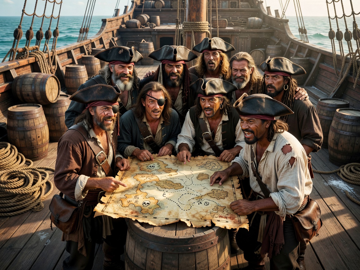 A rugged crew of pirates gathered on the wooden deck of a ship, excitedly examining an old parchment treasure map surrounded by barrels and ropes.