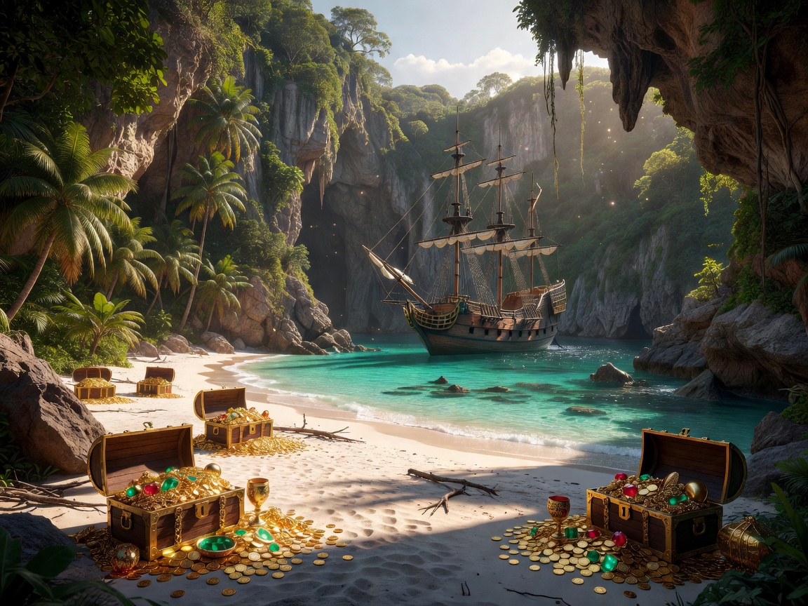 A stunning hidden Caribbean pirate cove with a docked galleon, towering cliffs, and open treasure chests overflowing with gold on the sandy beach.